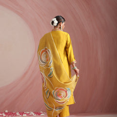 Khushal K Women Pure Silk yellow Embroidered Kurta & Palazzo With Dupatta