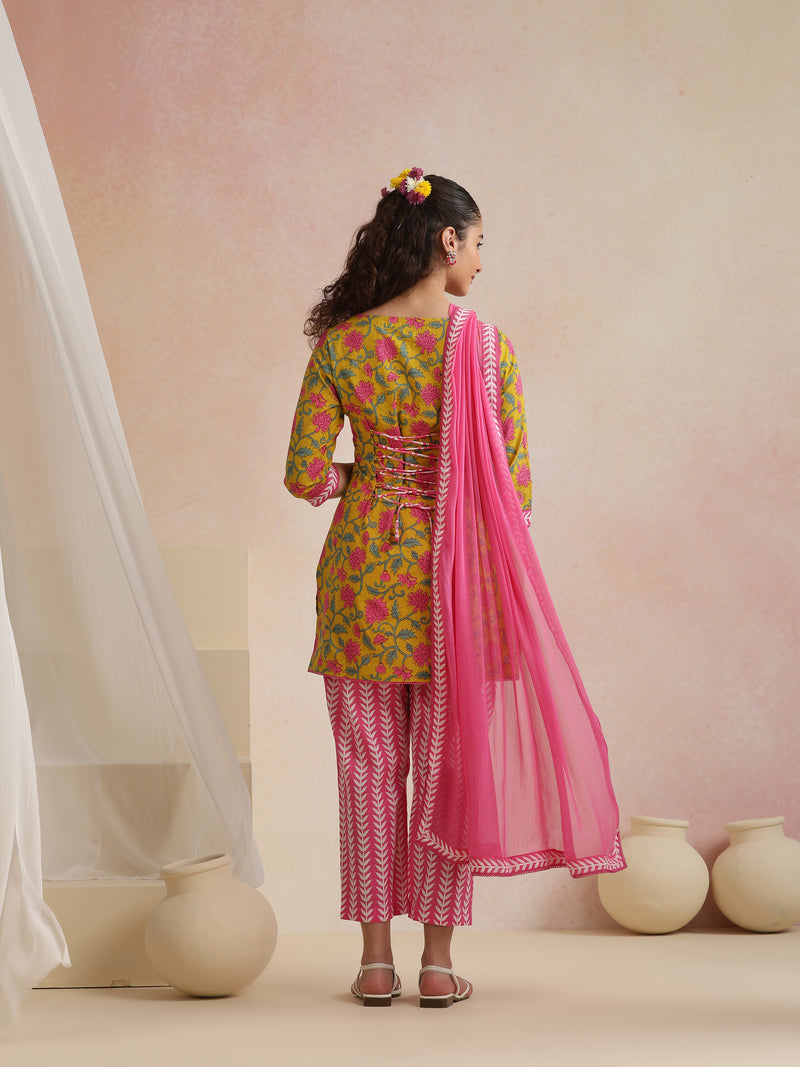 Khushal K Women Cotton Kurta Palazzo Dupatta Set - Yellow