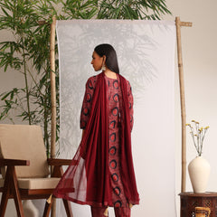 Khushal K Women Cotton kurta and Afghani Salwar with dupatta set - Maroon
