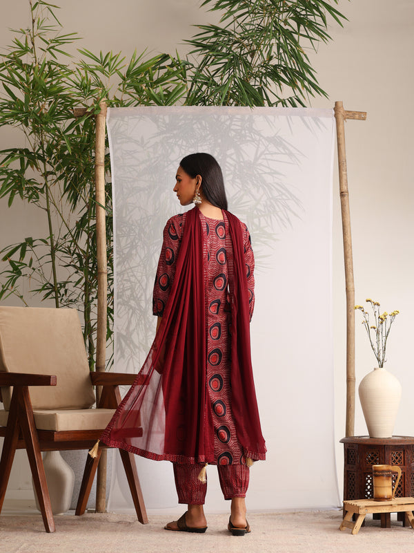 Khushal K Women Cotton kurta and Afghani Salwar with dupatta set - Maroon