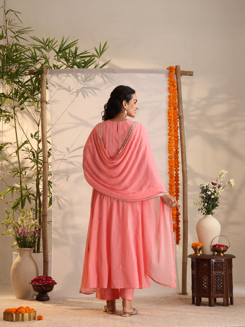 Khushal K Women Cotton Kurta and Palazzo With Dupatta Set - Pink