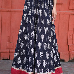 Khushal K Women's Black Printed Cotton Flared Maxi Skirt