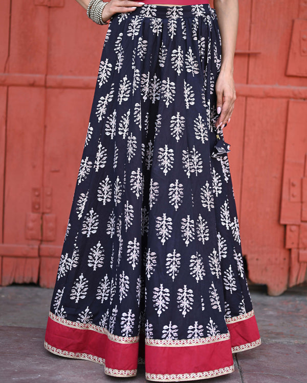 Khushal K Women's Black Printed Cotton Flared Maxi Skirt