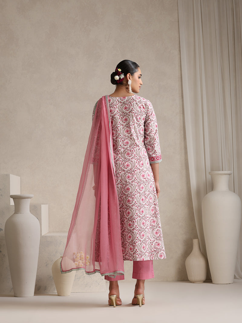 Women Floral Printed Angrakha Pure Cotton Kurta with Palazzos & With Dupatta