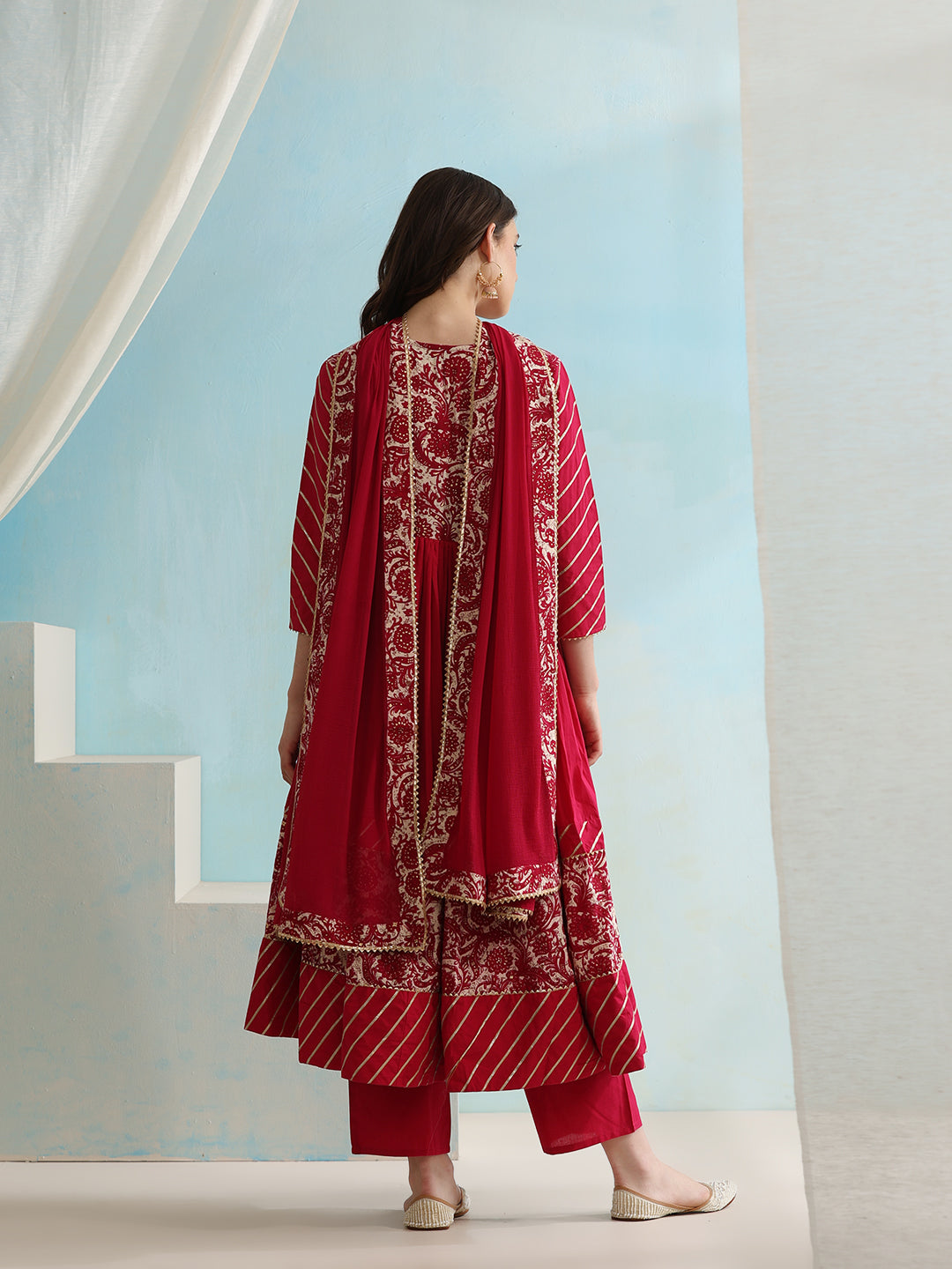 Floral Printed V-Neck Anarkali Kurta with Palazzos & Dupatta