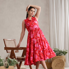 Women Floral Print A-Line Midi Dress