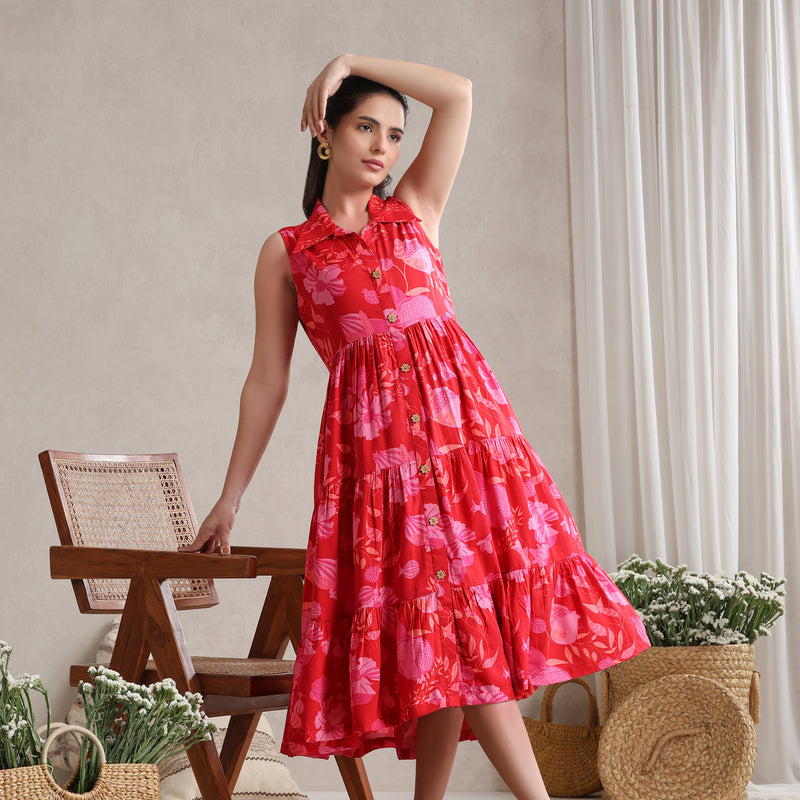 Women Floral Print A-Line Midi Dress - Red - Khushal K - Image 6