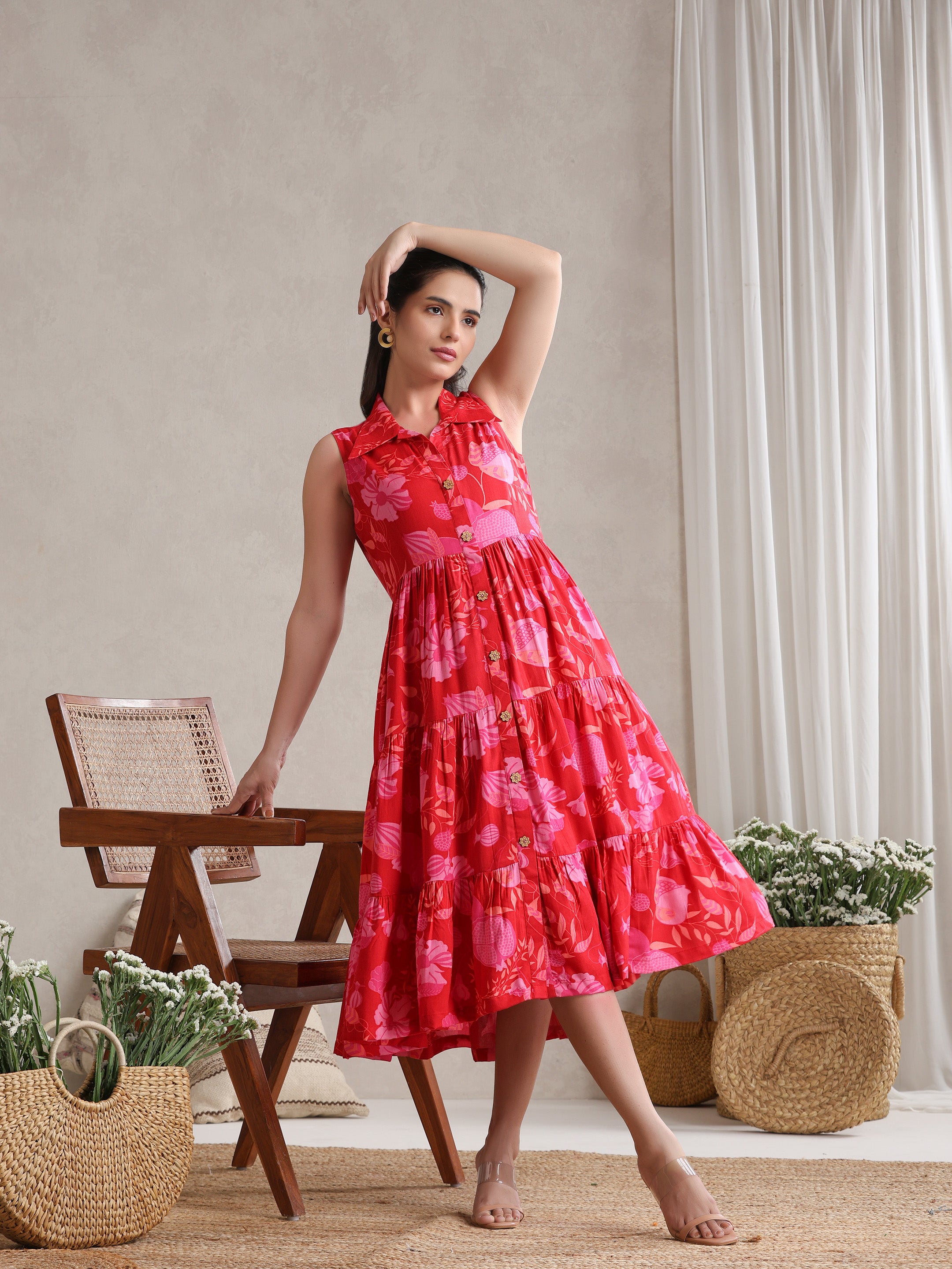 Women Floral Print A-Line Midi Dress