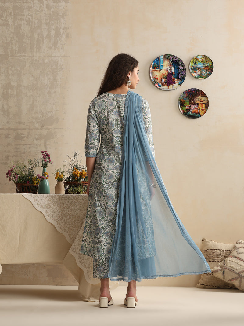 Khushal K Women Floral Printed Regular Pure Cotton Off-White Kurta & Palazzo With Dupatta