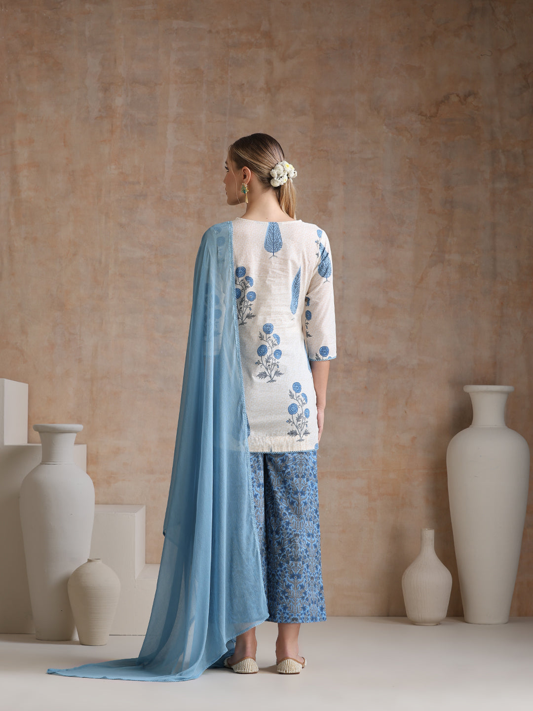 Floral Printed V-Neck Pure Cotton Straight Kurti with Trousers & With Dupatta