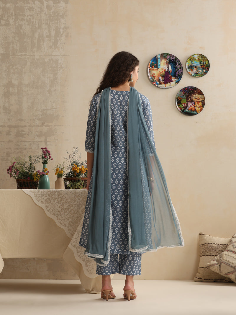 Khushal K Women Blue Floral Printed Regular Pure Cotton Kurta & Palazzo With Dupatta