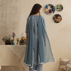 Khushal K Women Blue Floral Printed Regular Pure Cotton Kurta & Palazzo With Dupatta