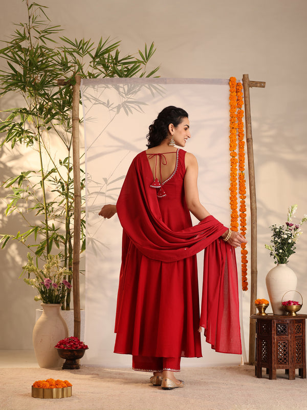 Khushal K Women Cotton Kurta and Palazzo With Dupatta Set - Maroon