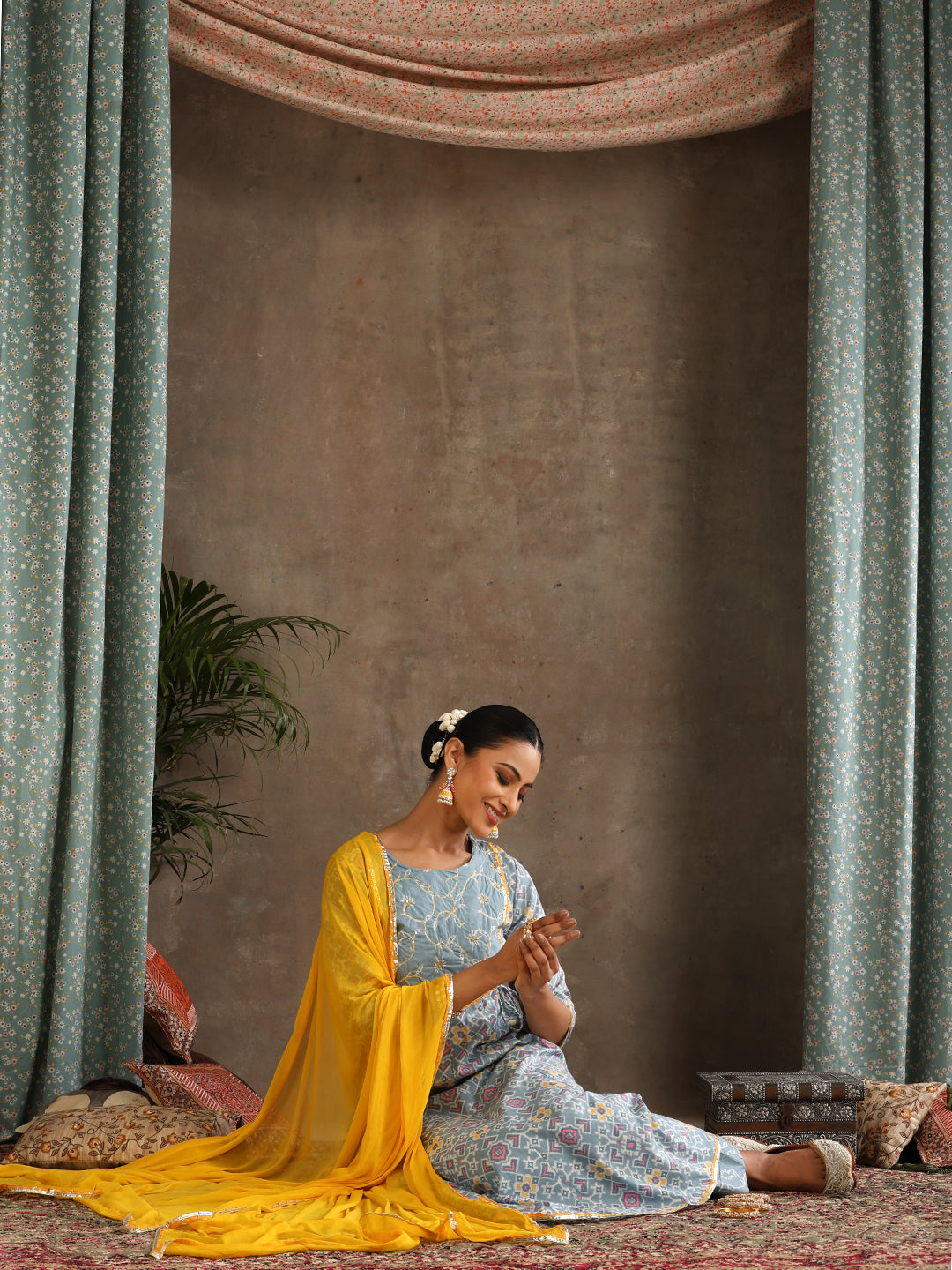 Floral Printed Panelled Pure Cotton Anarkali Kurta With Palazzo & Dupatta