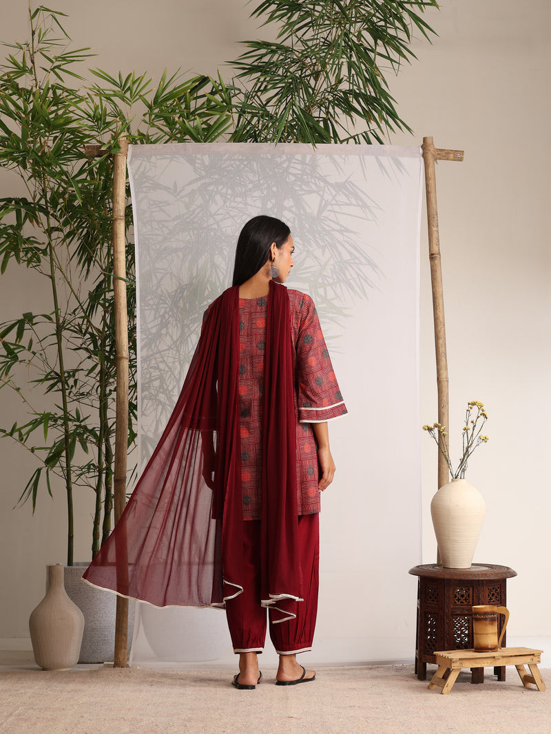 Khushal K Women Cotton kurti and Afghani Salwar with dupatta set - Maroon