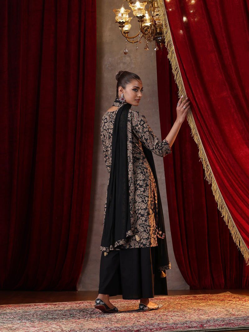Khushal K Women Cotton kurta and palazzo with dupatta set - Black