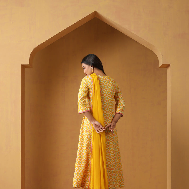 Women Printed Regular Aline Calf Length Kurta Set - Yellow - Khushal K - Image 6