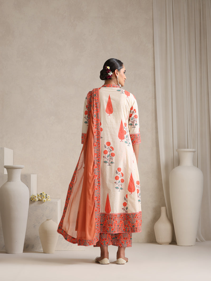 Women elegant White Anarkali Kurta with Coral Prints, Palazzos & Dupatta