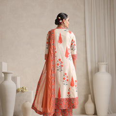 Women elegant White Anarkali Kurta with Coral Prints, Palazzos & Dupatta
