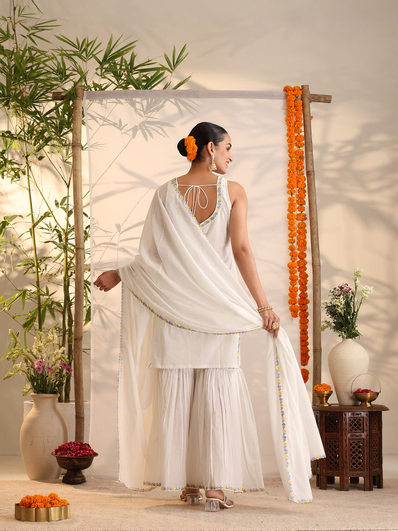 Khushal K Women Cotton Kurta and Sharara With Dupatta Set - White
