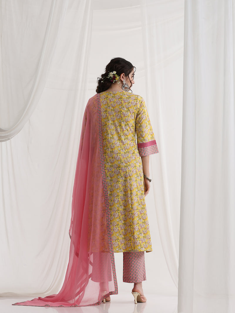 Women Floral Printed Regular Pure Cotton Kurta with Palazzos & With Dupatta