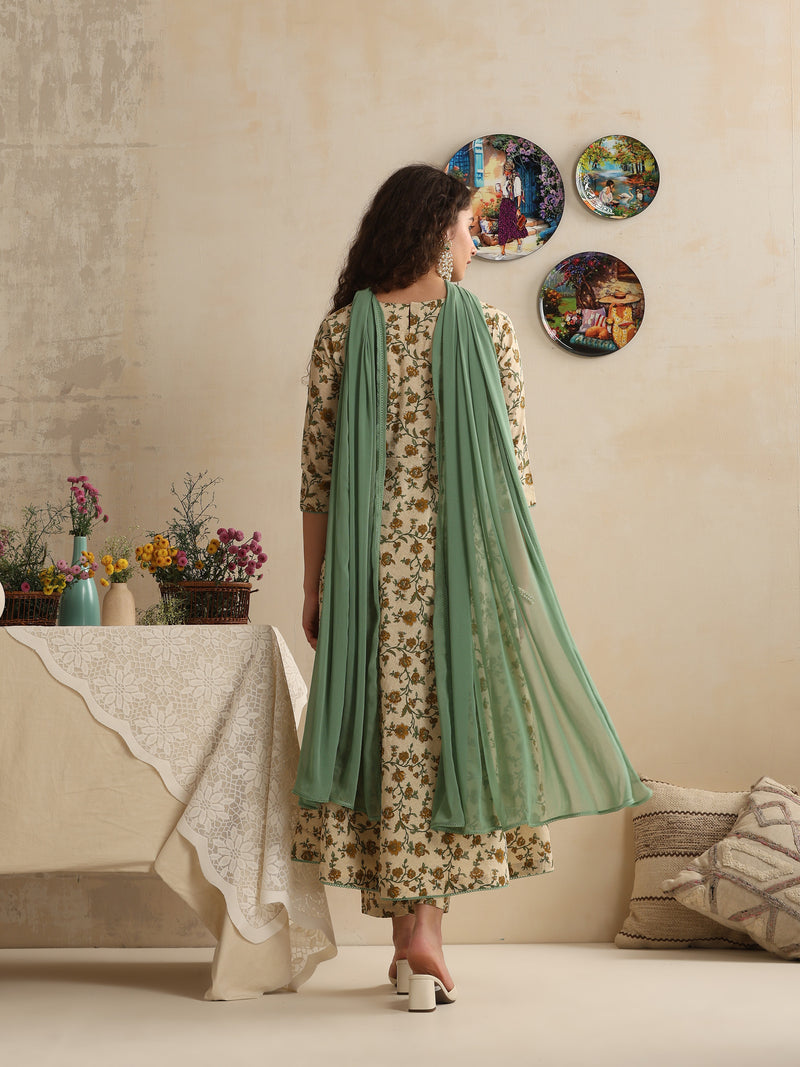 Khushal K Women Floral Printed Regular Pure Cotton Kurta & Palazzo With Dupatta Cream