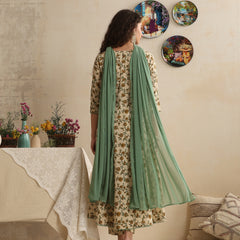Khushal K Women Floral Printed Regular Pure Cotton Kurta & Palazzo With Dupatta Cream