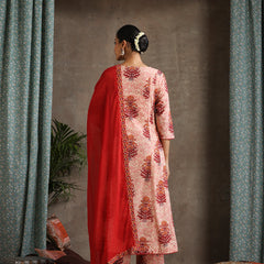 Floral Printed Pure Cotton Anarkali Kurta With Palazzos And Dupatta