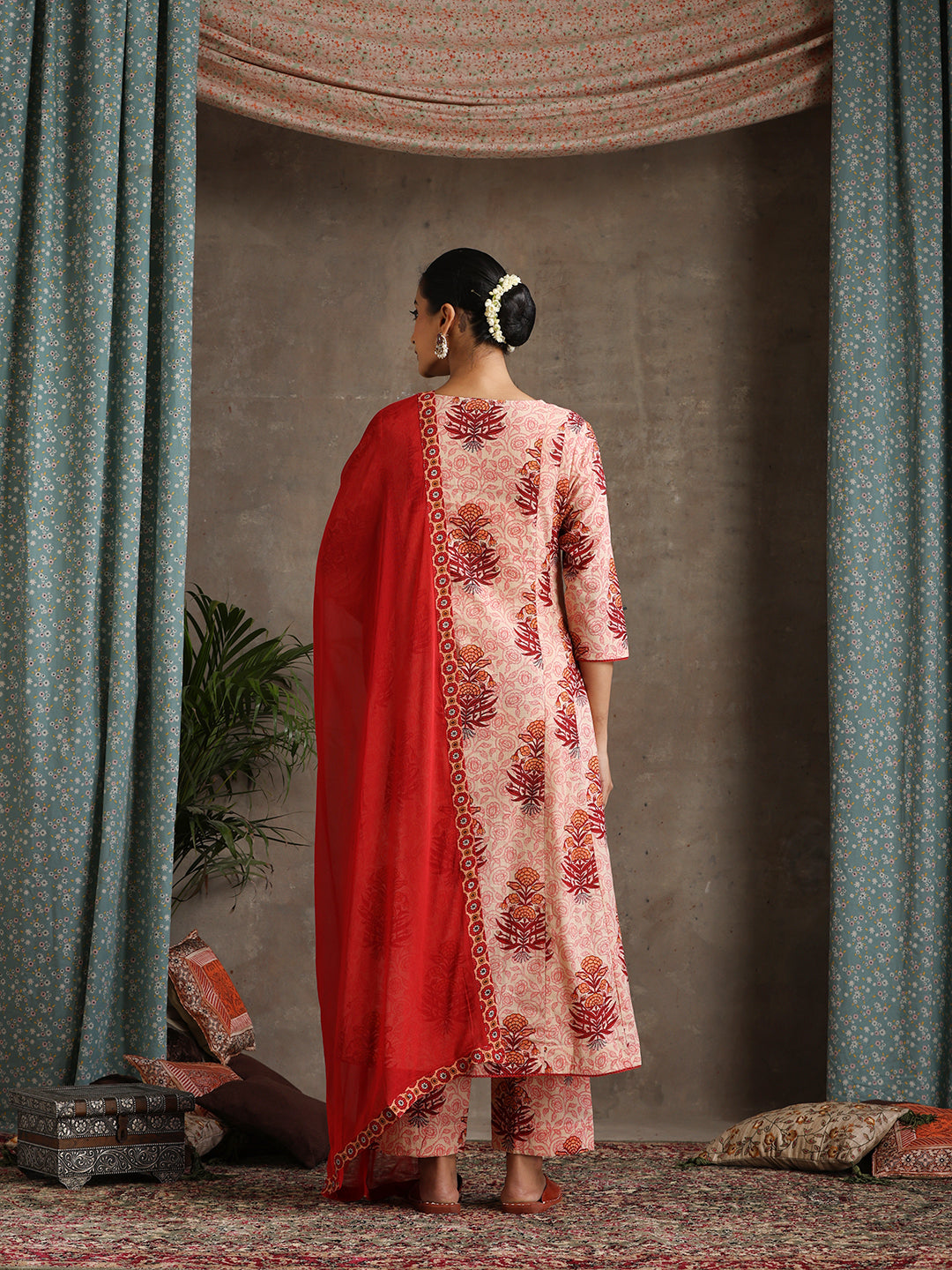 Floral Printed Pure Cotton Anarkali Kurta With Palazzos And Dupatta