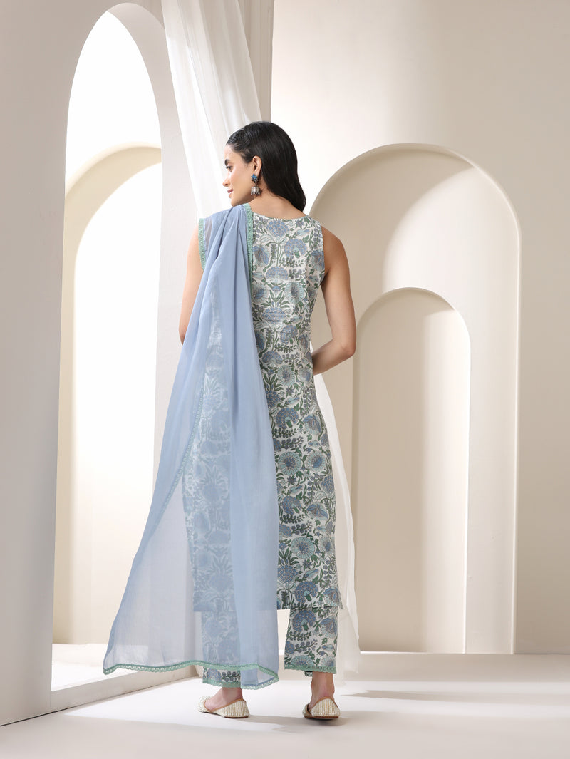 Women Floral Printed Regular Pure Cotton Kurta with Palazzos & With Dupatta