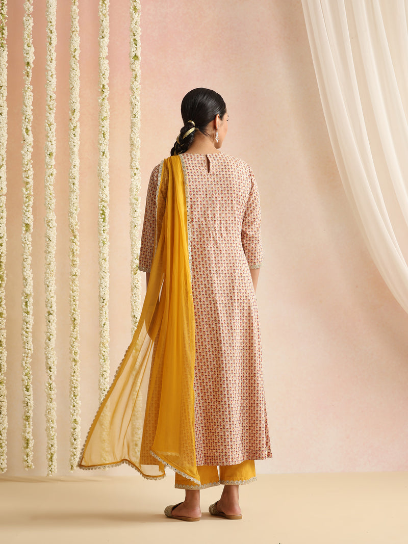 Off-White Block Print Kurta Set with Sunshine Yellow Dupatta