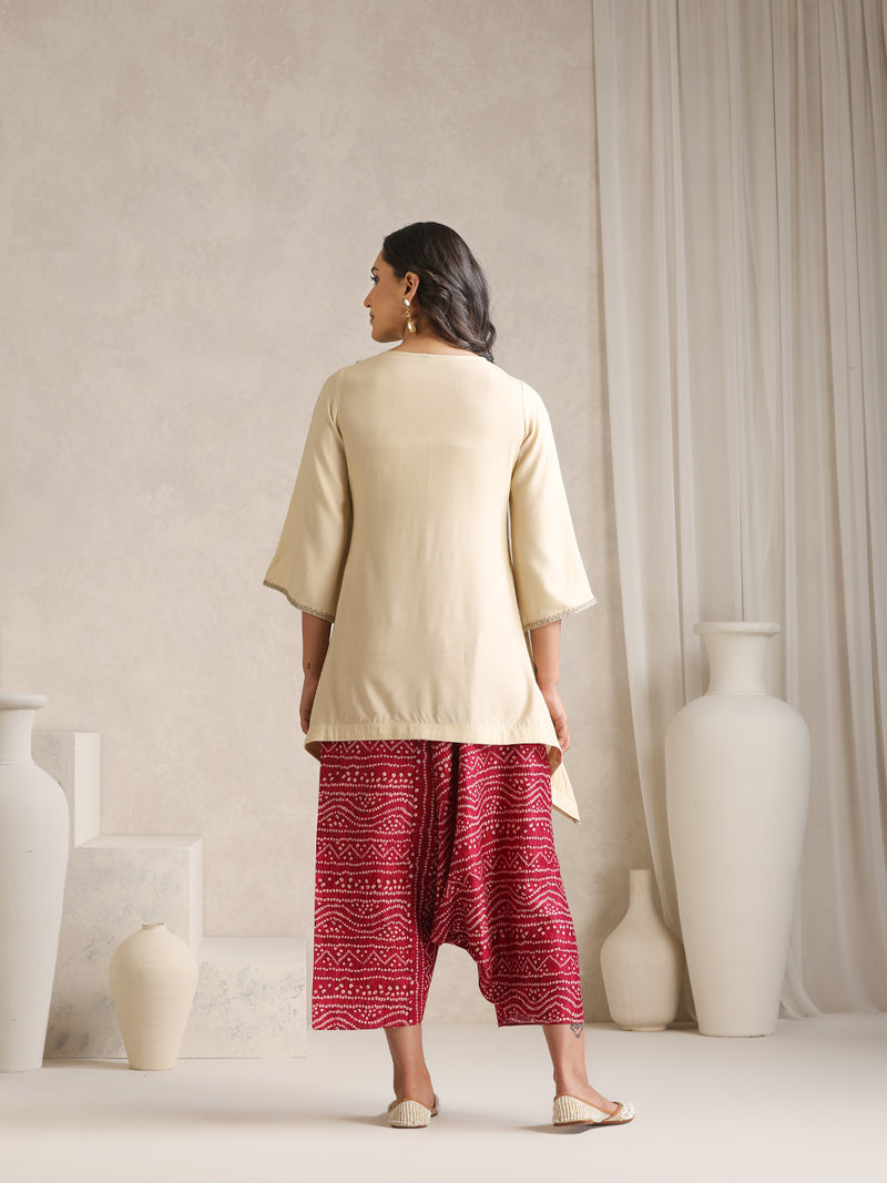 Cream Embroidered Cord Set with Bandhani Patiala
