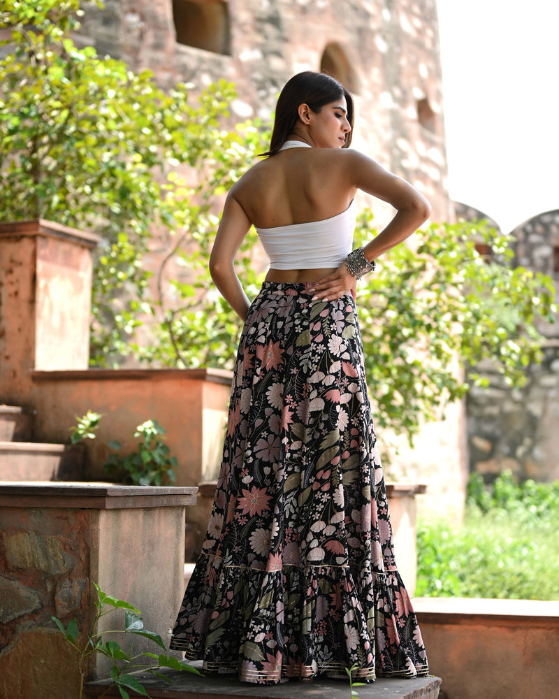 Khushal K Women's Black Printed Cotton Flared Maxi Skirt