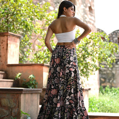 Khushal K Women's Black Printed Cotton Flared Maxi Skirt