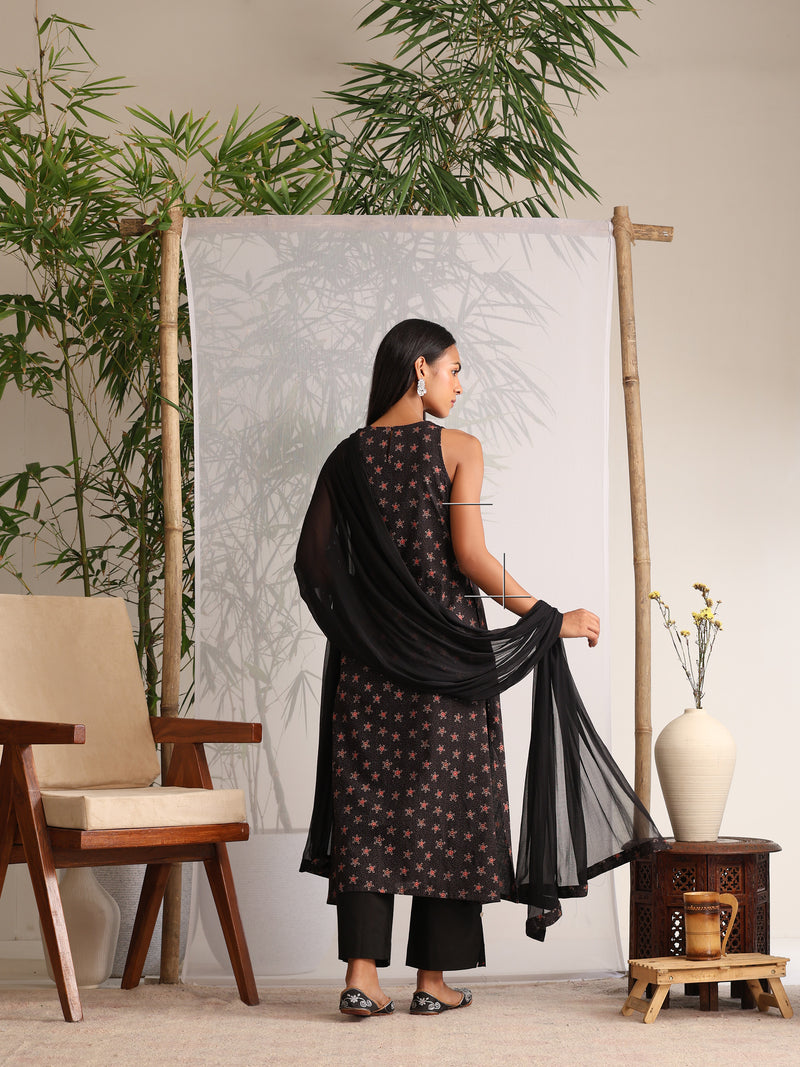 Khushal K Women Cotton kurta and palazzo with dupatta set - Black