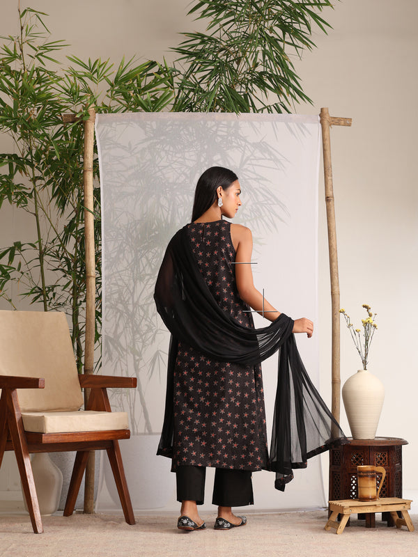 Khushal K Women Cotton kurta and palazzo with dupatta set - Black