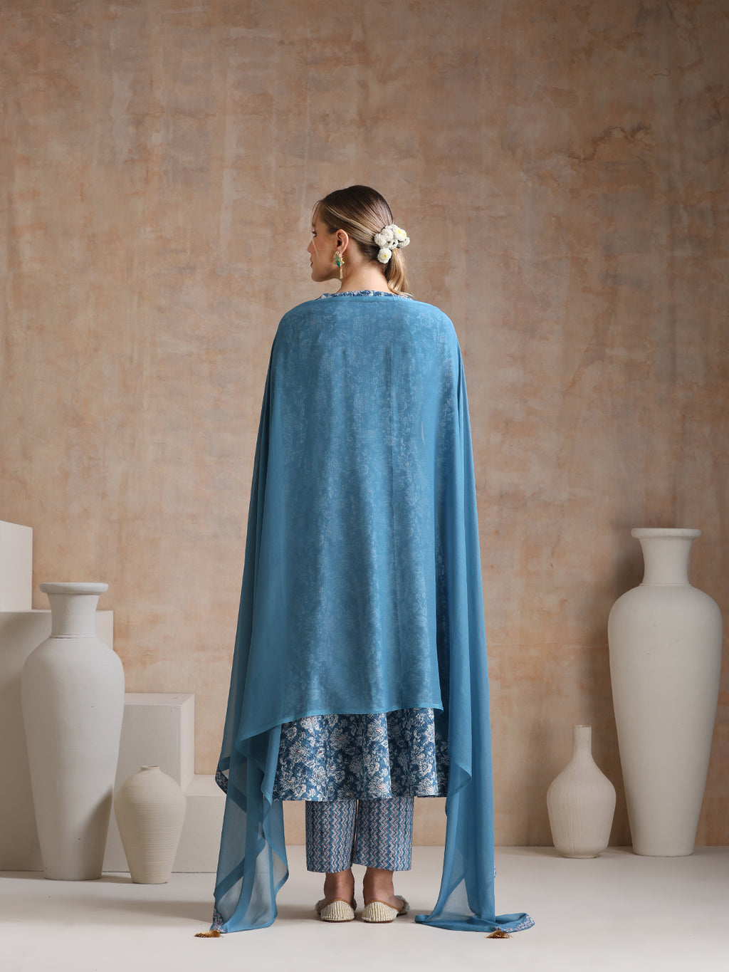 Ethnic Motifs Printed V-Neck Anarkali Pure Cotton Kurta With Trousers & Dupatta