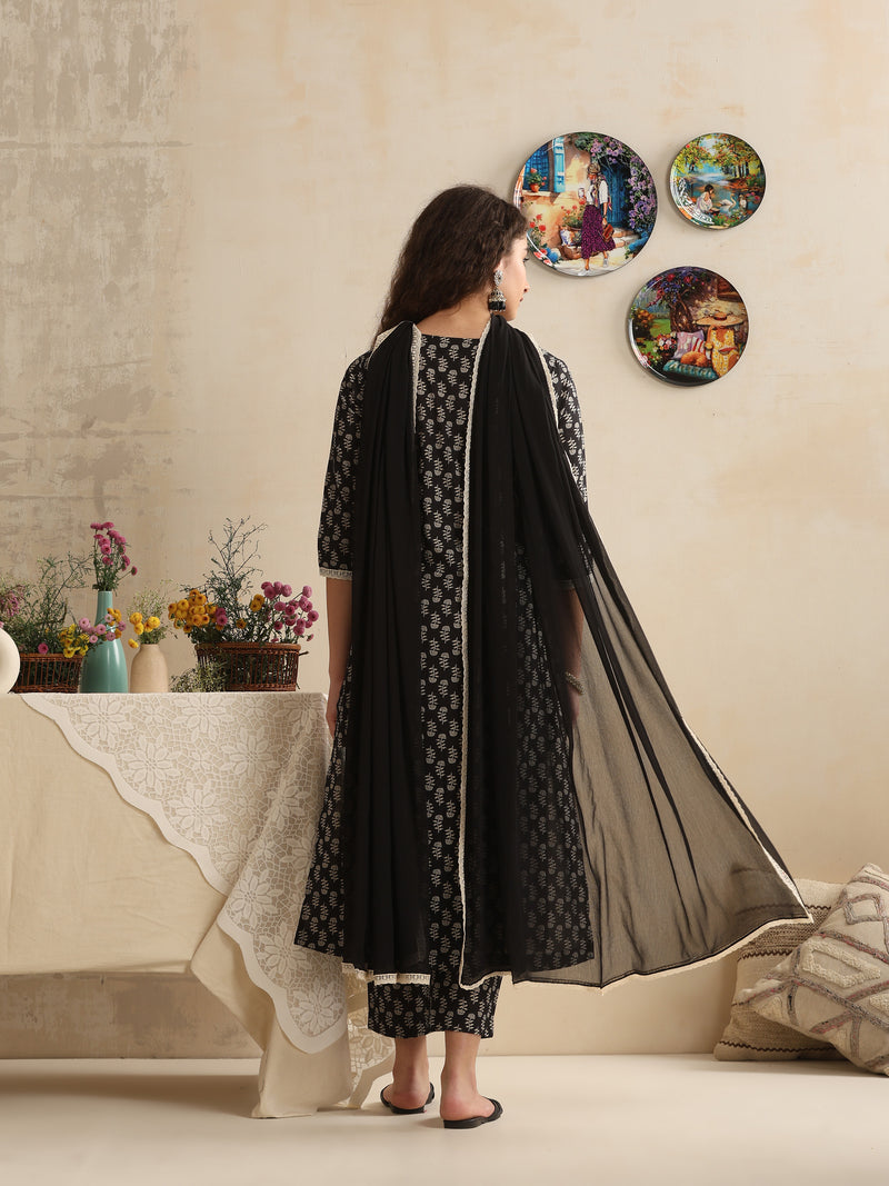 Khushal K Women Floral Printed Regular Pure Cotton Black Kurta & Palazzo With Dupatta