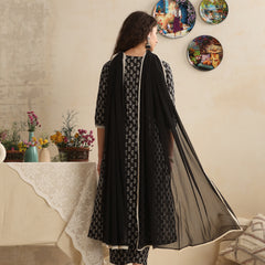 Khushal K Women Floral Printed Regular Pure Cotton Black Kurta & Palazzo With Dupatta