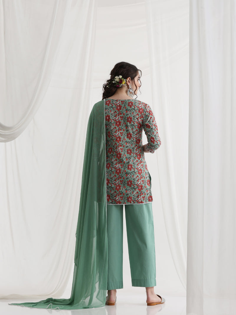 Floral Printed Square Neck Pure Cotton Straight Kurti With Palazzos & Dupatta