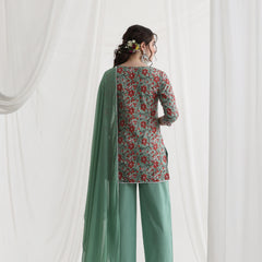 Floral Printed Square Neck Pure Cotton Straight Kurti With Palazzos & Dupatta
