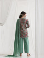 Floral Printed Square Neck Pure Cotton Straight Kurti With Palazzos & Dupatta