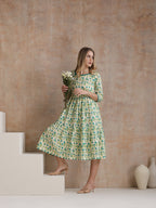 Women Floral Print Tiered Fit & Flare Midi Dress