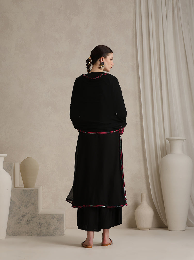Geometric Embellished Mirror Work A-Line Kurta With Sharara & Dupatta