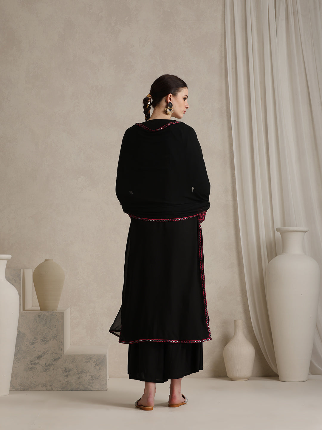 Geometric Embellished Mirror Work A-Line Kurta With Sharara & Dupatta