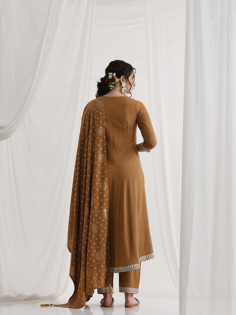 Khushal K Ethnic Motifs Brown  Anarkali Sequinned Kurta set