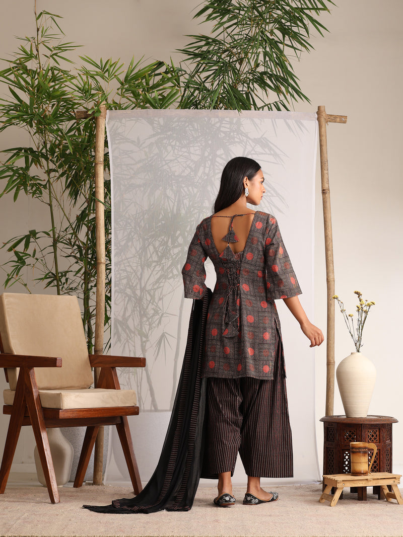 Khushal K Women Cotton kurti and Farshi Salwar with dupatta set - Black