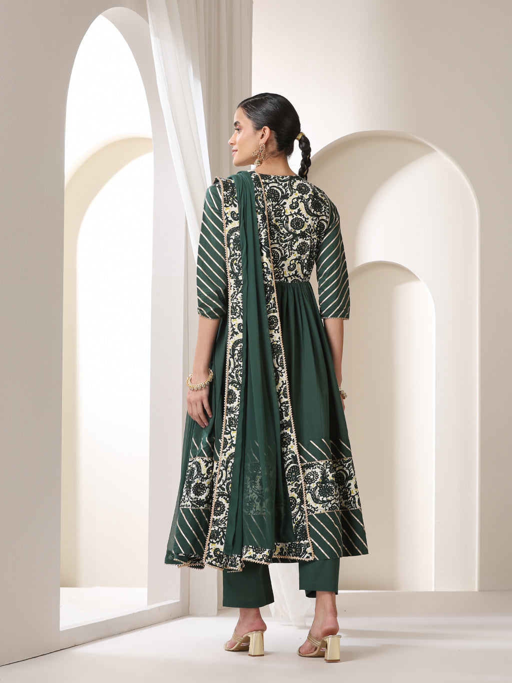 Floral Yoke Design V-Neck Pleated Anarkali Kurta With Palazzos & Dupatta