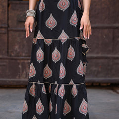 Khushal K Women's Black Printed Cotton Flared Maxi Skirt