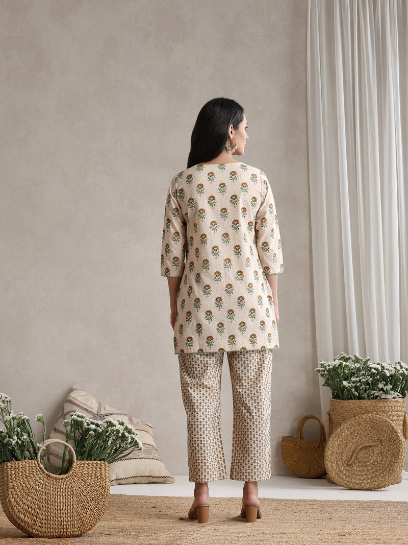 Floral Printed Cotton V-Neck Tunic With Trouser Co-Ords